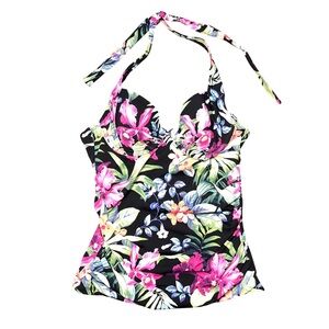Tommy Bahama Coastal Gardens Takini Top Swim Black Floral Small Tummy NWT